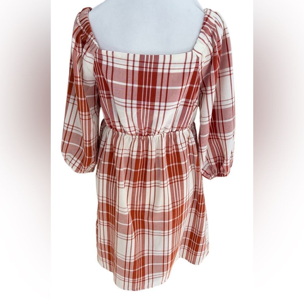 Monteau Los Angles red/rust/white plaid square neck babydoll dress size medium. - Picture 4 of 8
